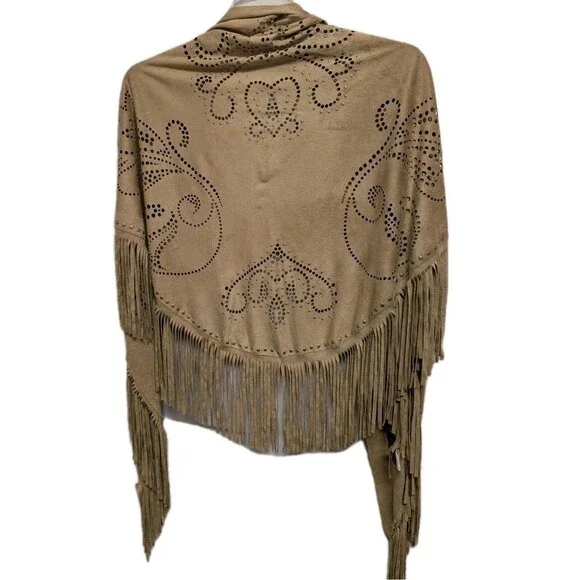 Curations Caravan Tan Faux Suede Laser Cut Fringe Wrap Shawl Studded Boho OS - Picture 2 of 16